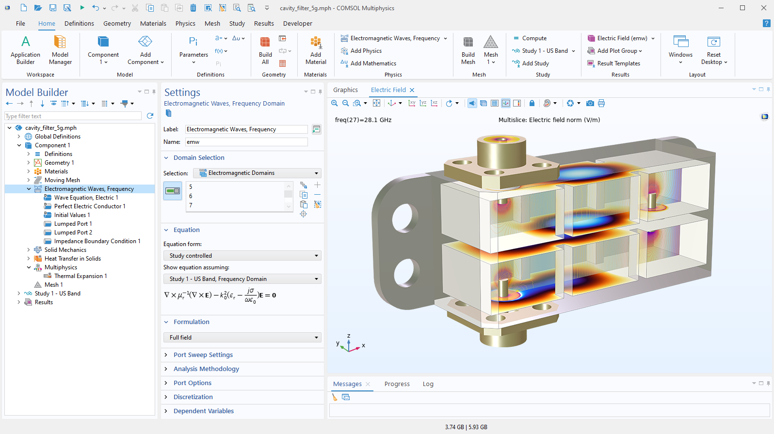 The COMSOL Multiphysics UI showing the Model Builder with the Electromagnetic Waves, Frequency Domain node highlighted, the corresponding Settings window, and a cavity filter model in the Graphics window.